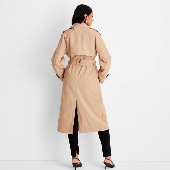 Tan beige button front belted midi trench coat - Picture 3 of 8
